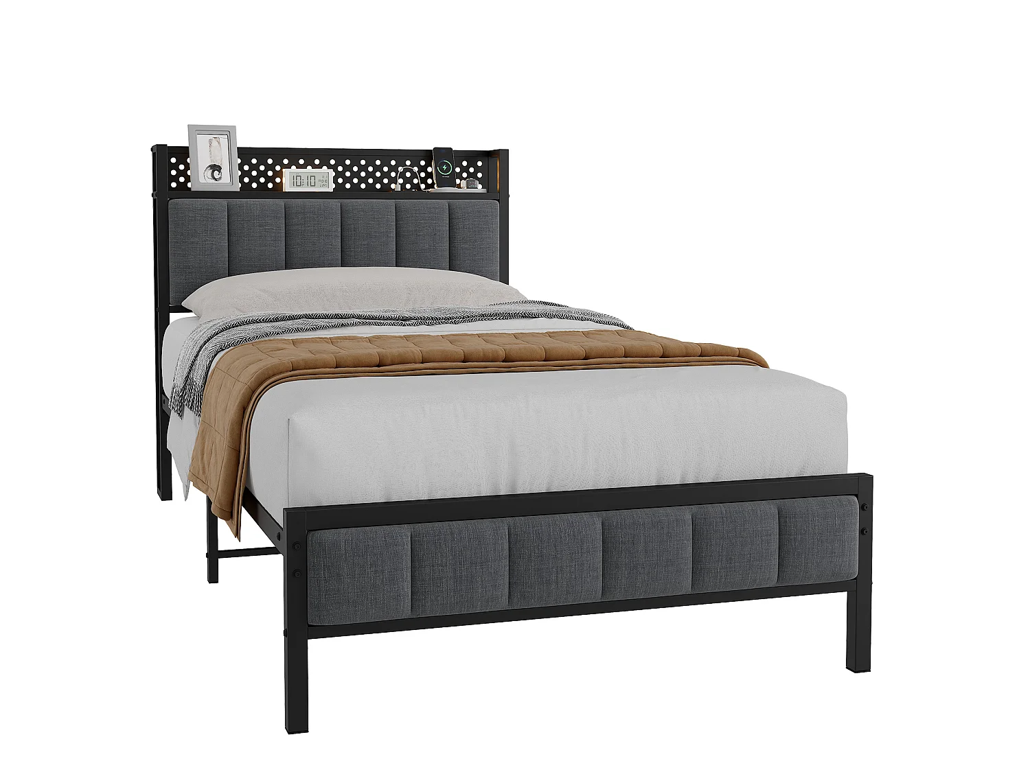 Lit simple pour enfant 90x200 cm, tête de lit LED, ports USB, métal et tissu noir, sans matelas