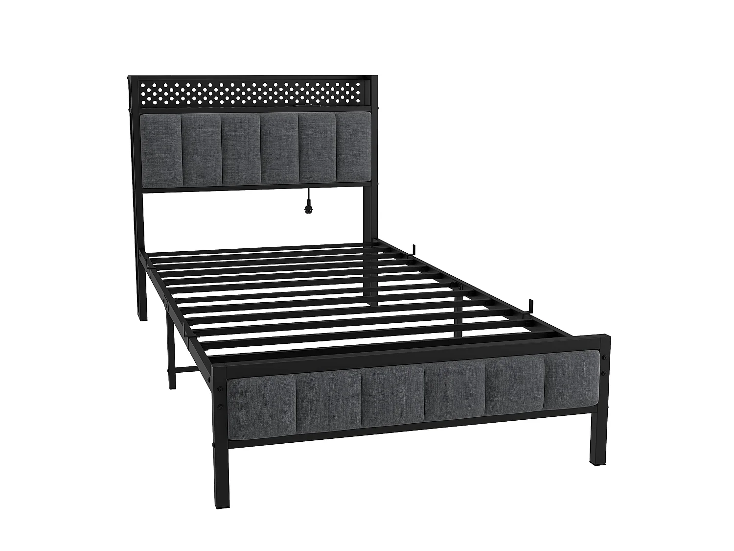 Lit simple pour enfant 90x200 cm, tête de lit LED, ports USB, métal et tissu noir, sans matelas