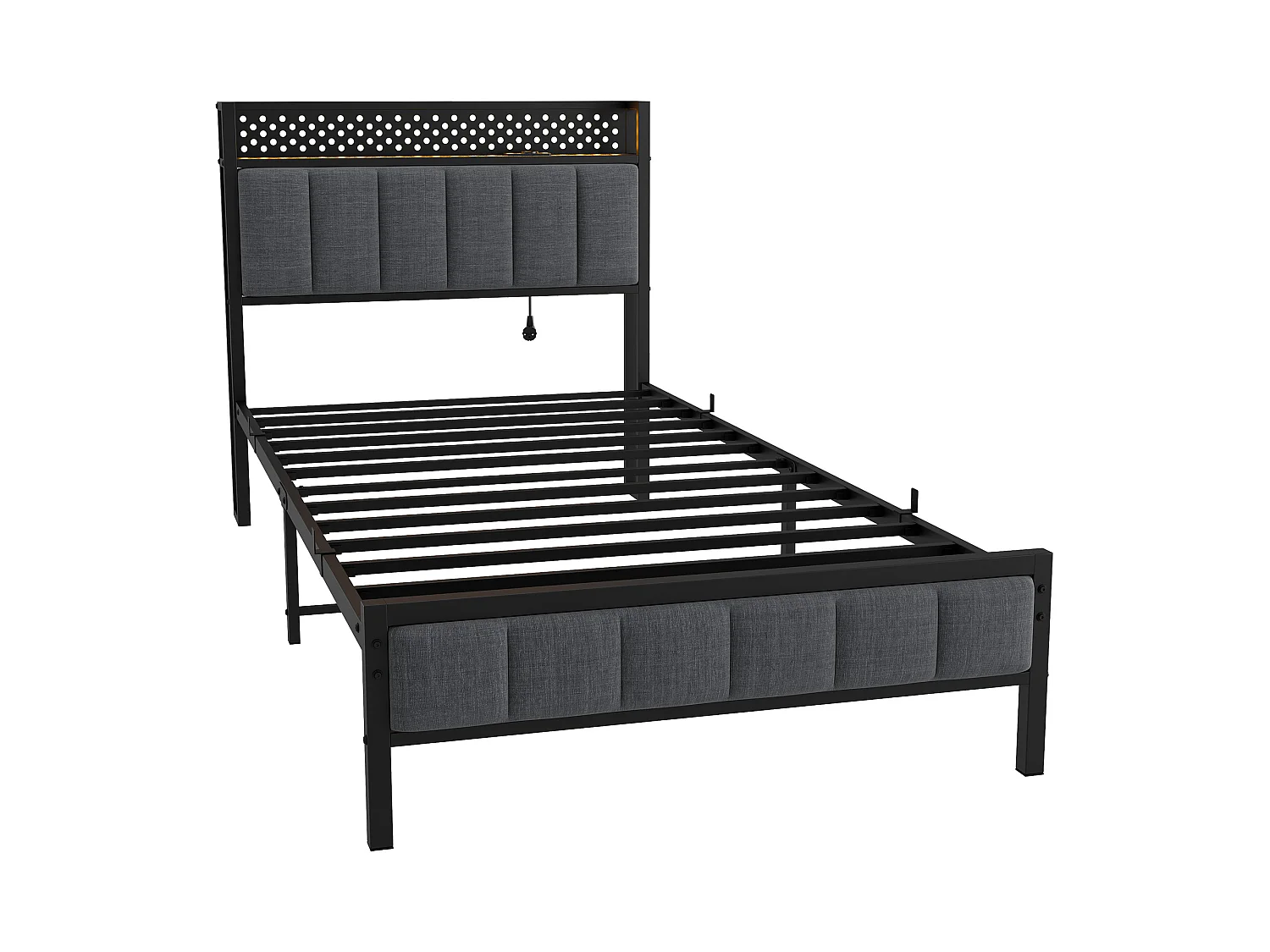 Lit simple pour enfant 90x200 cm, tête de lit LED, ports USB, métal et tissu noir, sans matelas