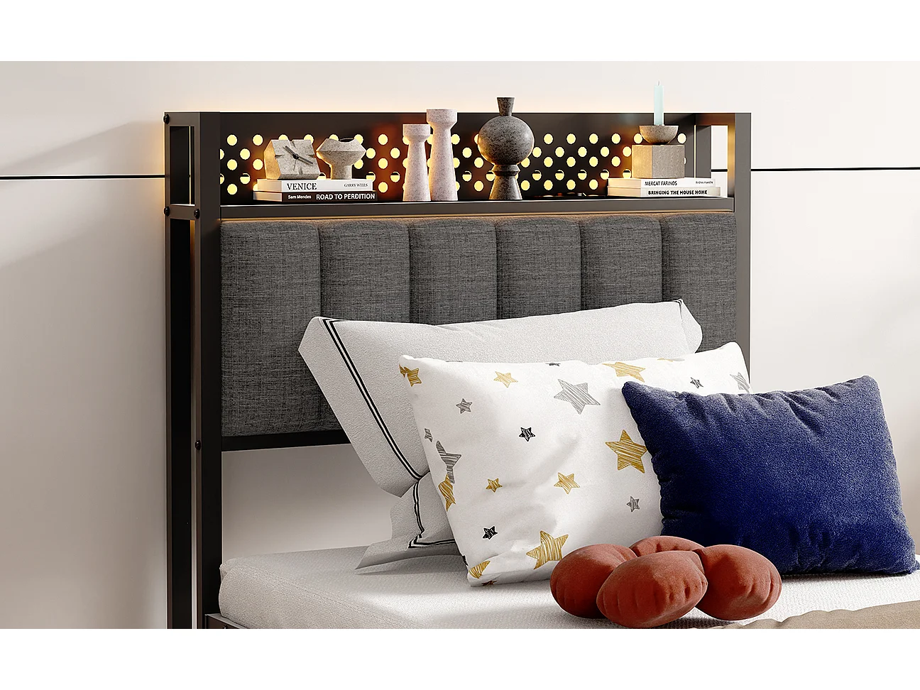 Lit simple pour enfant 90x200 cm, tête de lit LED, ports USB, métal et tissu noir, sans matelas