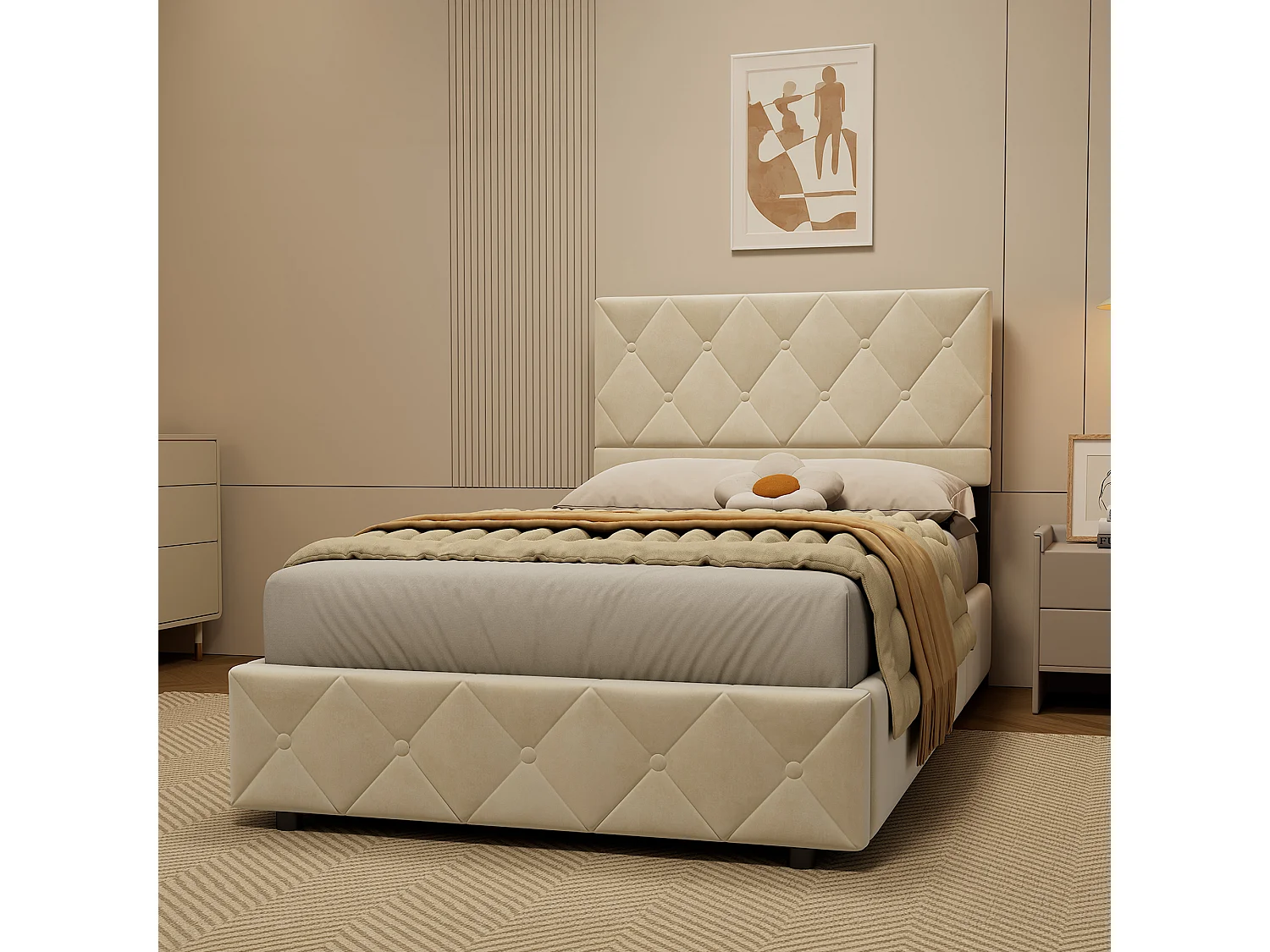 Lit coffre 90x200 cm en velours beige avec double levage hydraulique, rangement sous le lit et sommier à lattes, sans matelas