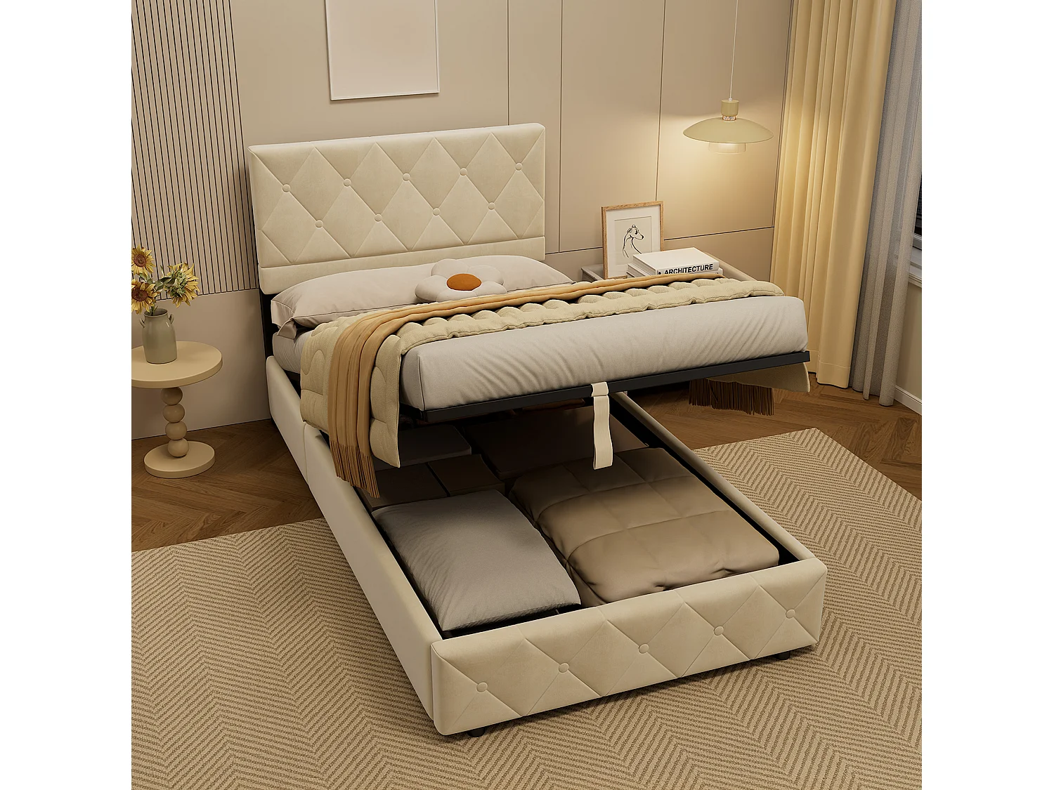 Lit coffre 90x200 cm en velours beige avec double levage hydraulique, rangement sous le lit et sommier à lattes, sans matelas