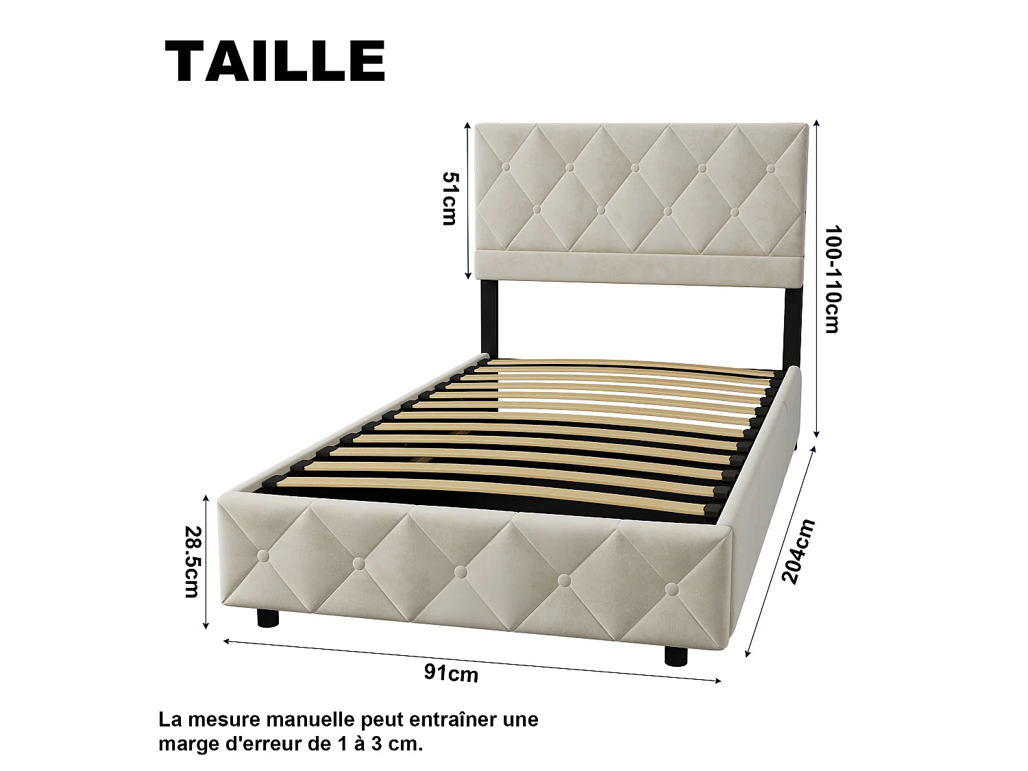 Lit coffre 90x200 cm en velours beige avec double levage hydraulique, rangement sous le lit et sommier à lattes, sans matelas