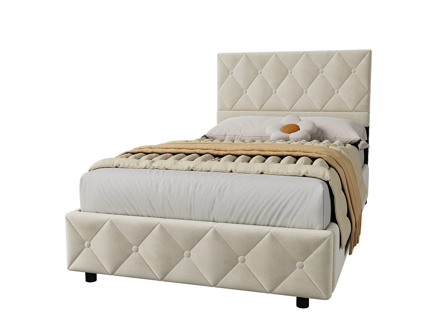 Lit coffre 90x200 cm en velours beige avec double levage hydraulique, rangement sous le lit et sommier à lattes, sans matelas