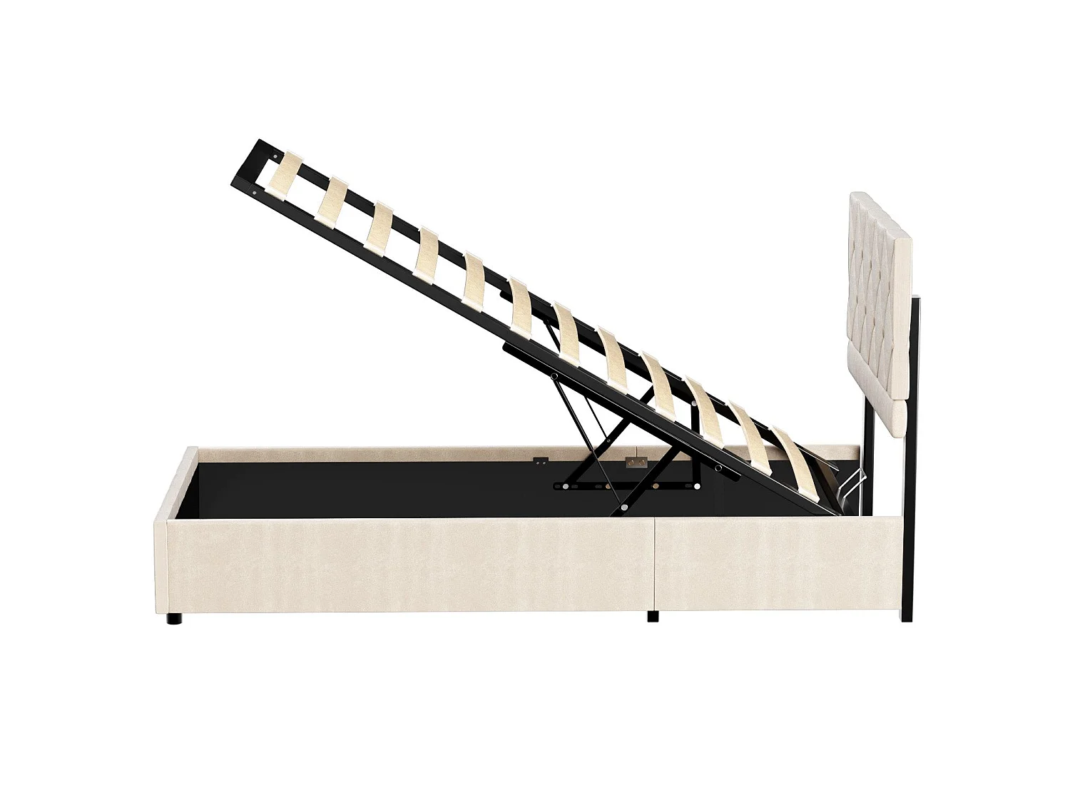 Lit coffre 90x200 cm en velours beige avec double levage hydraulique, rangement sous le lit et sommier à lattes, sans matelas