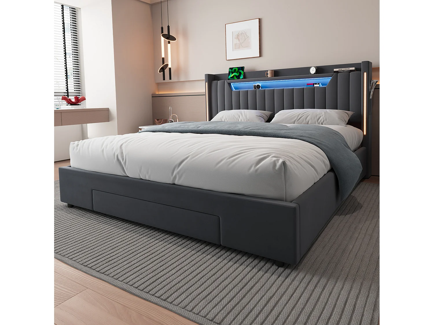 Letto contenitore 180x200 cm in velluto grigio scuro con cassetto e testiera regolabile LED, senza materasso