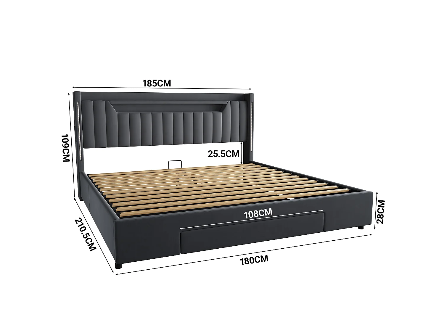 Letto contenitore 180x200 cm in velluto grigio scuro con cassetto e testiera regolabile LED, senza materasso