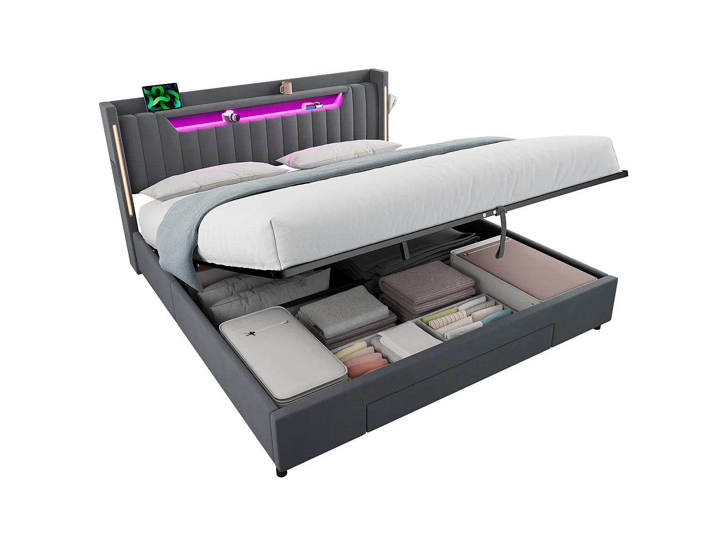 Letto contenitore 180x200 cm in velluto grigio scuro con cassetto e testiera regolabile LED, senza materasso