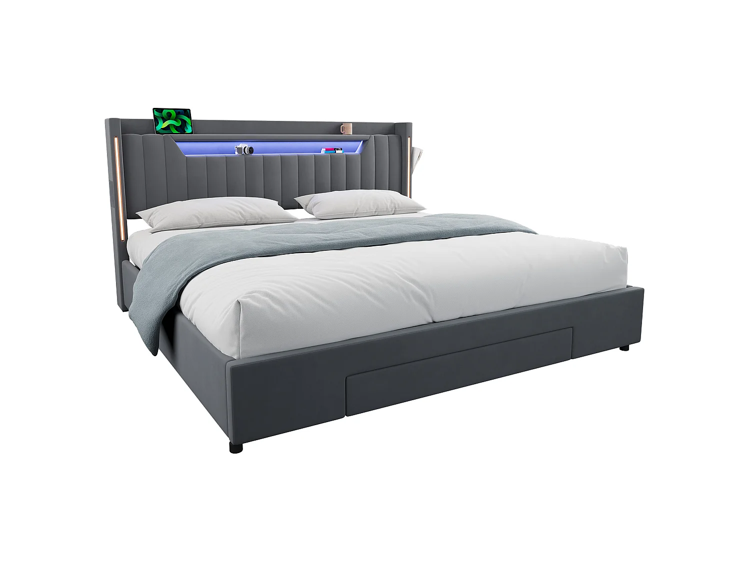 Letto contenitore 180x200 cm in velluto grigio scuro con cassetto e testiera regolabile LED, senza materasso