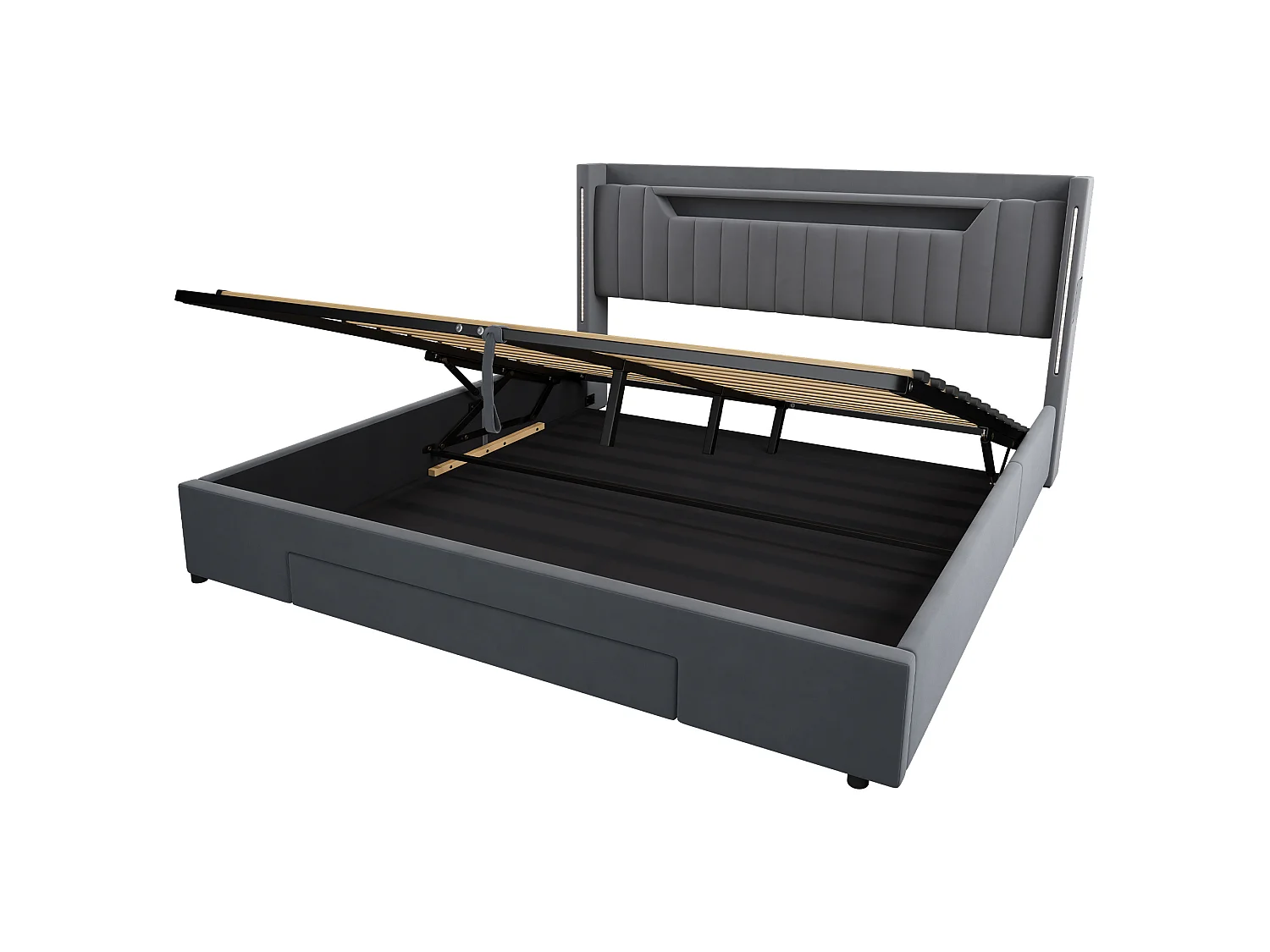 Letto contenitore 180x200 cm in velluto grigio scuro con cassetto e testiera regolabile LED, senza materasso