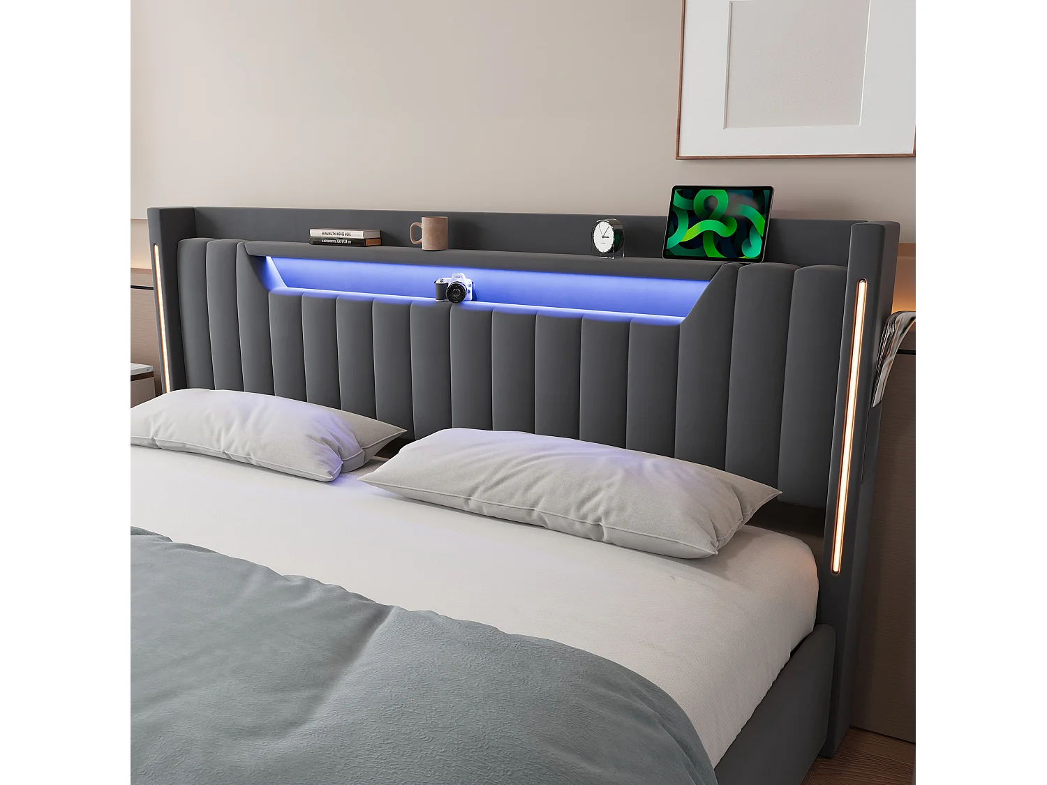 Letto contenitore 180x200 cm in velluto grigio scuro con cassetto e testiera regolabile LED, senza materasso