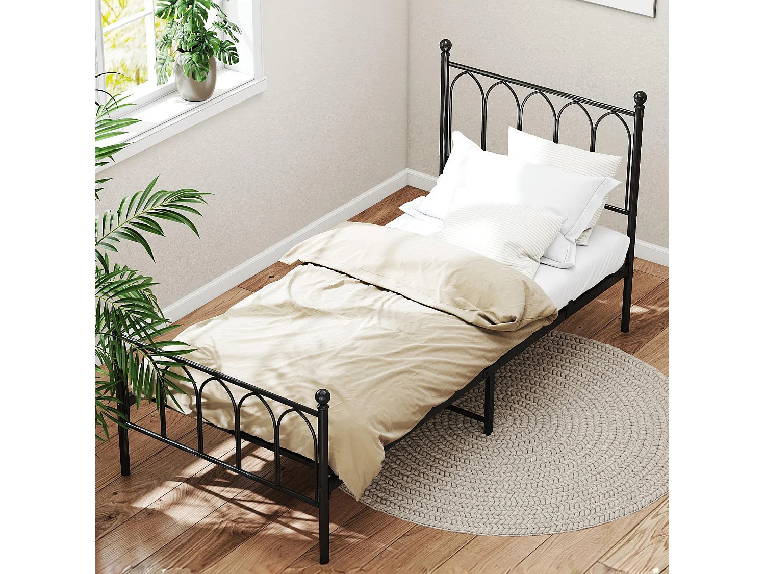 Kinder-Einzelbett 90x200 cm, Lattenrost, Gestell aus schwarzem Metall, ohne Matratze