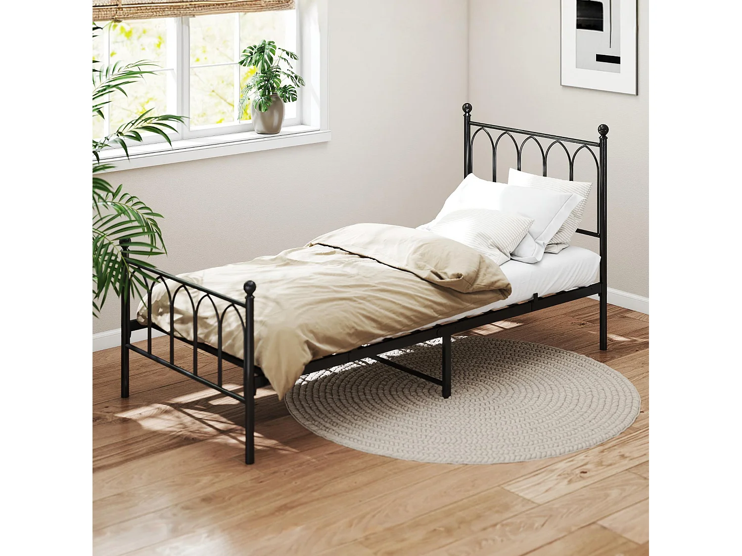 Kinder-Einzelbett 90x200 cm, Lattenrost, Gestell aus schwarzem Metall, ohne Matratze