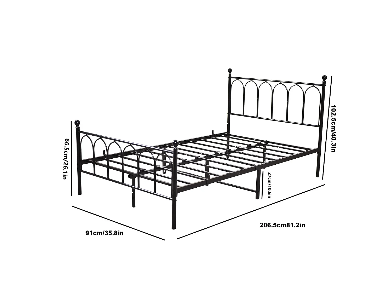 Kinder-Einzelbett 90x200 cm, Lattenrost, Gestell aus schwarzem Metall, ohne Matratze