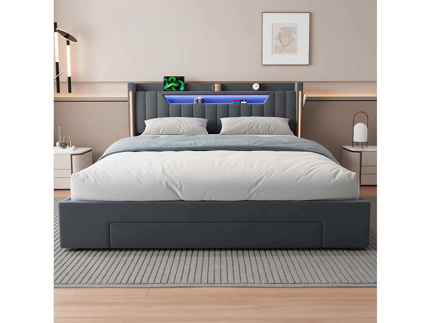 Letto contenitore 160x200 cm in velluto grigio scuro con cassetto e testiera regolabile LED, senza materasso