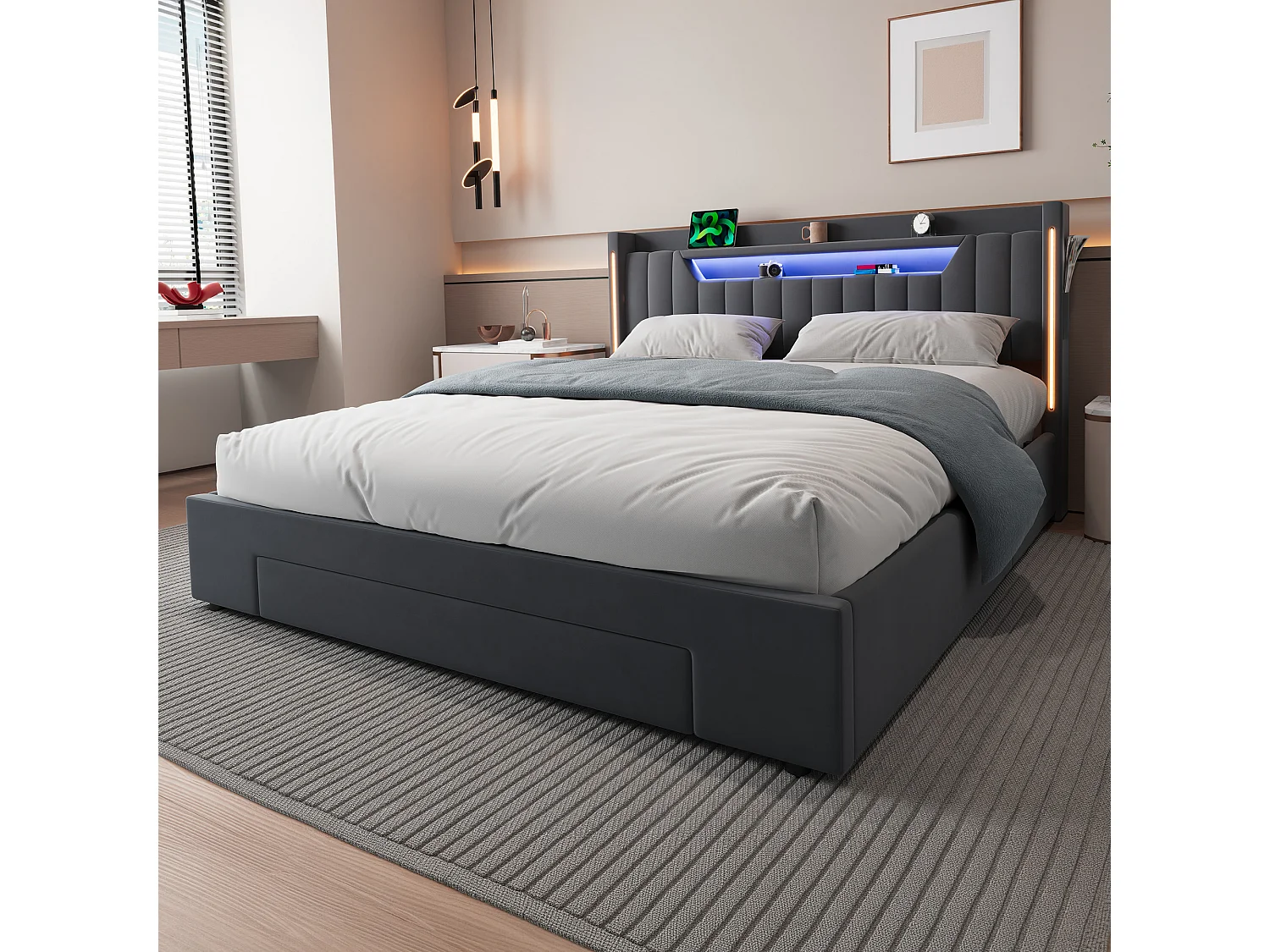 Letto contenitore 160x200 cm in velluto grigio scuro con cassetto e testiera regolabile LED, senza materasso