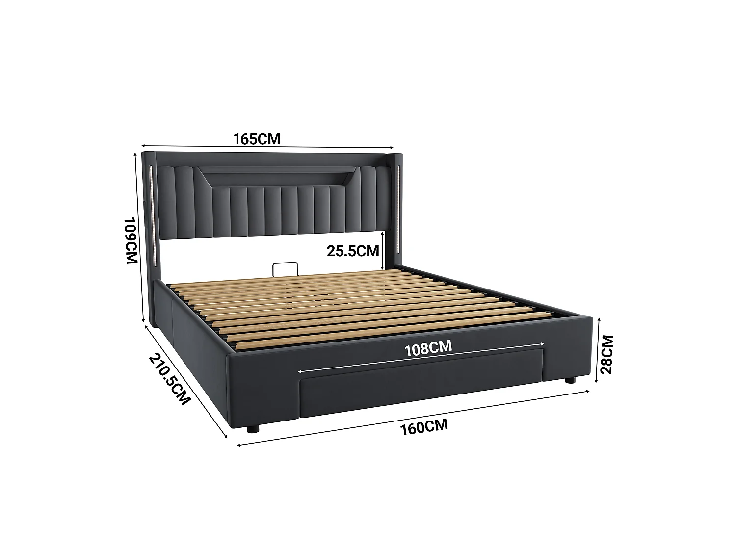 Letto contenitore 160x200 cm in velluto grigio scuro con cassetto e testiera regolabile LED, senza materasso