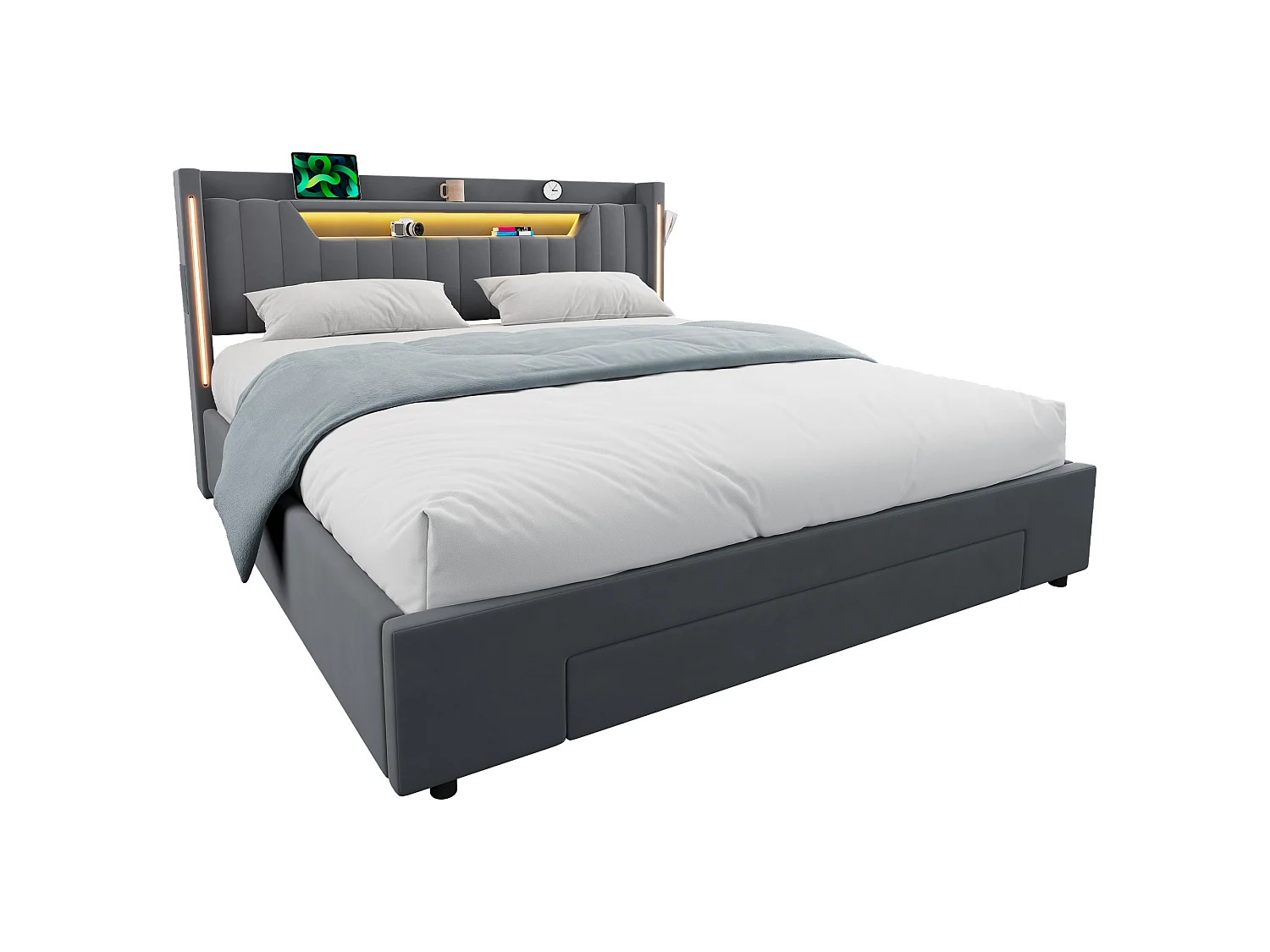 Letto contenitore 160x200 cm in velluto grigio scuro con cassetto e testiera regolabile LED, senza materasso