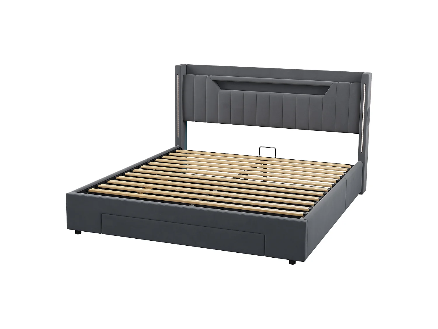 Letto contenitore 160x200 cm in velluto grigio scuro con cassetto e testiera regolabile LED, senza materasso