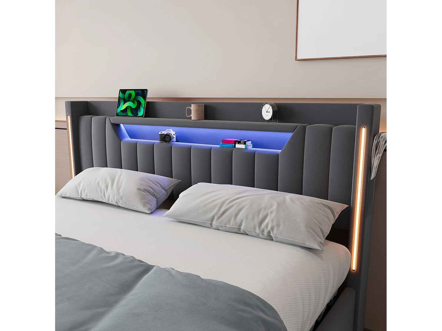 Letto contenitore 160x200 cm in velluto grigio scuro con cassetto e testiera regolabile LED, senza materasso