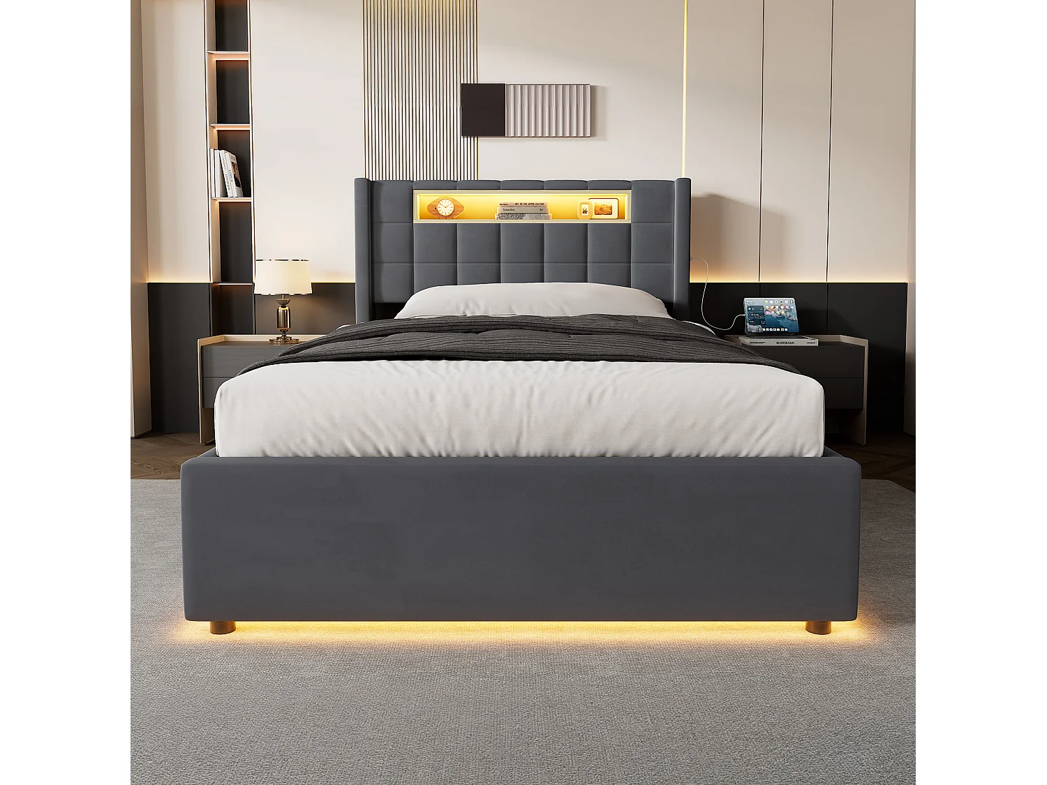 Cama baú 90x200 cm em veludo cinza escuro, iluminação LED, prateleira, portas USB e Type-C, cabeceira estofada, sem colchão