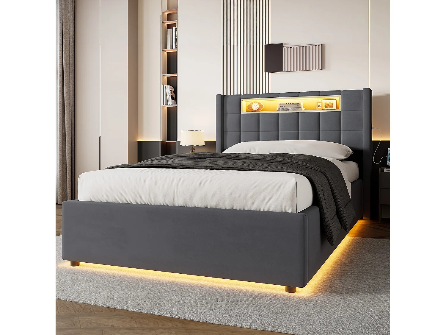 Cama baú 90x200 cm em veludo cinza escuro, iluminação LED, prateleira, portas USB e Type-C, cabeceira estofada, sem colchão