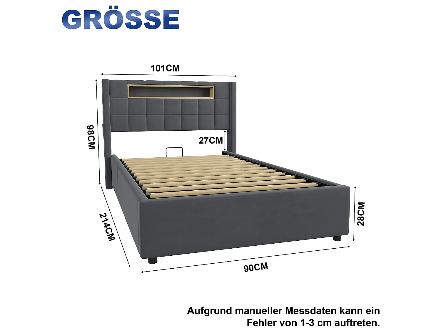 Cama baú 90x200 cm em veludo cinza escuro, iluminação LED, prateleira, portas USB e Type-C, cabeceira estofada, sem colchão