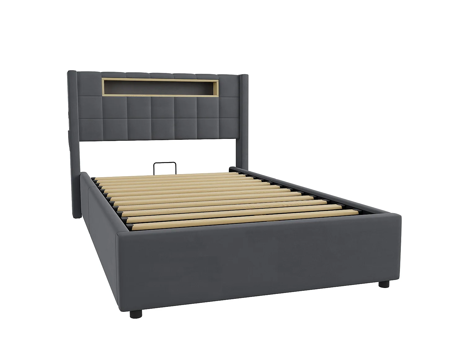 Cama baú 90x200 cm em veludo cinza escuro, iluminação LED, prateleira, portas USB e Type-C, cabeceira estofada, sem colchão