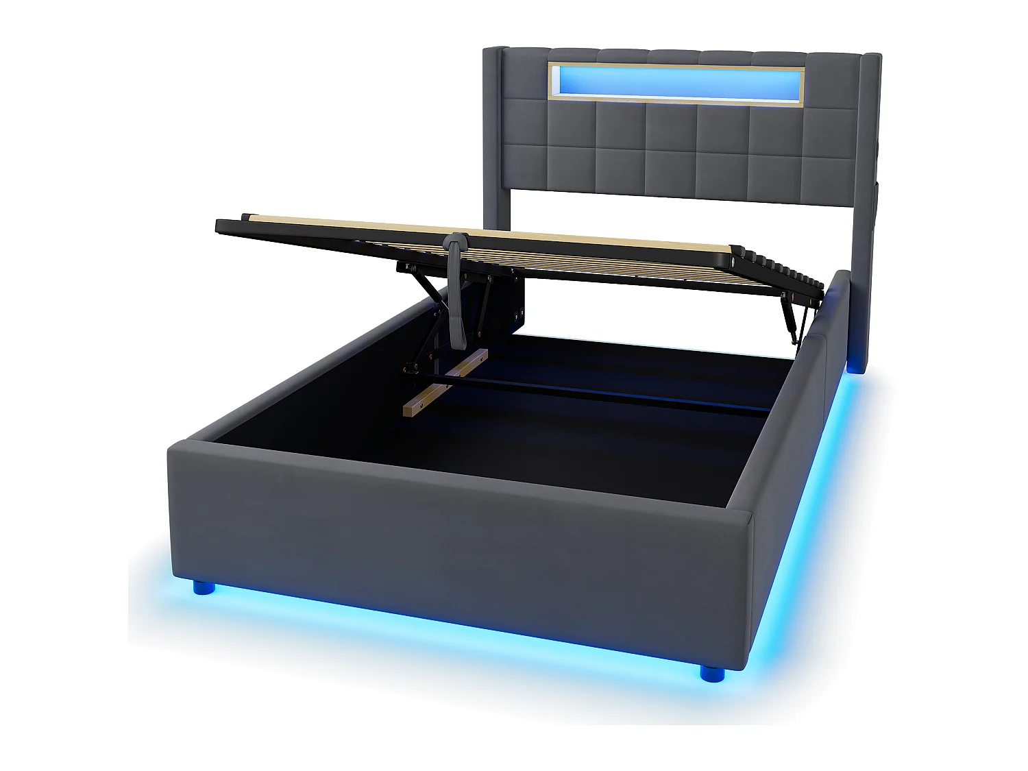 Cama baú 90x200 cm em veludo cinza escuro, iluminação LED, prateleira, portas USB e Type-C, cabeceira estofada, sem colchão