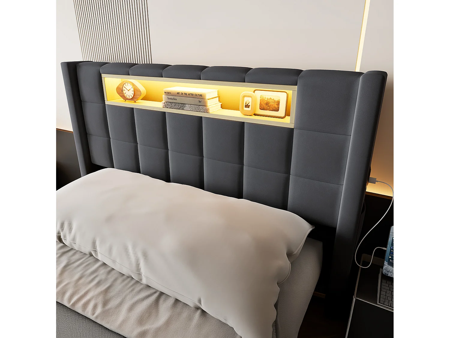 Cama baú 90x200 cm em veludo cinza escuro, iluminação LED, prateleira, portas USB e Type-C, cabeceira estofada, sem colchão