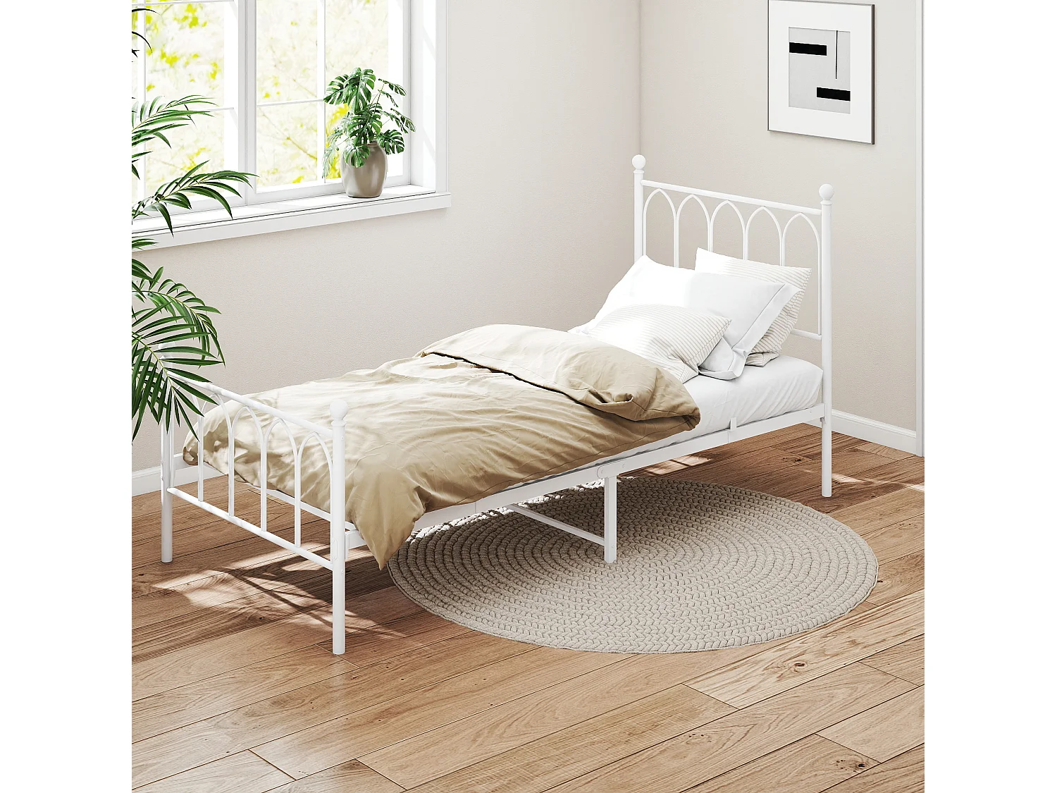 Lit simple pour enfant 90x200 cm, sommier à lattes, structure métal blanc, sans matelas