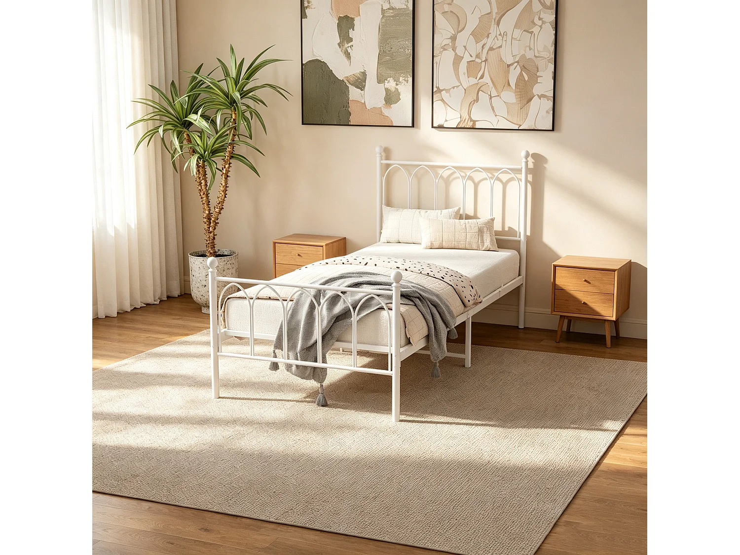 Lit simple pour enfant 90x200 cm, sommier à lattes, structure métal blanc, sans matelas