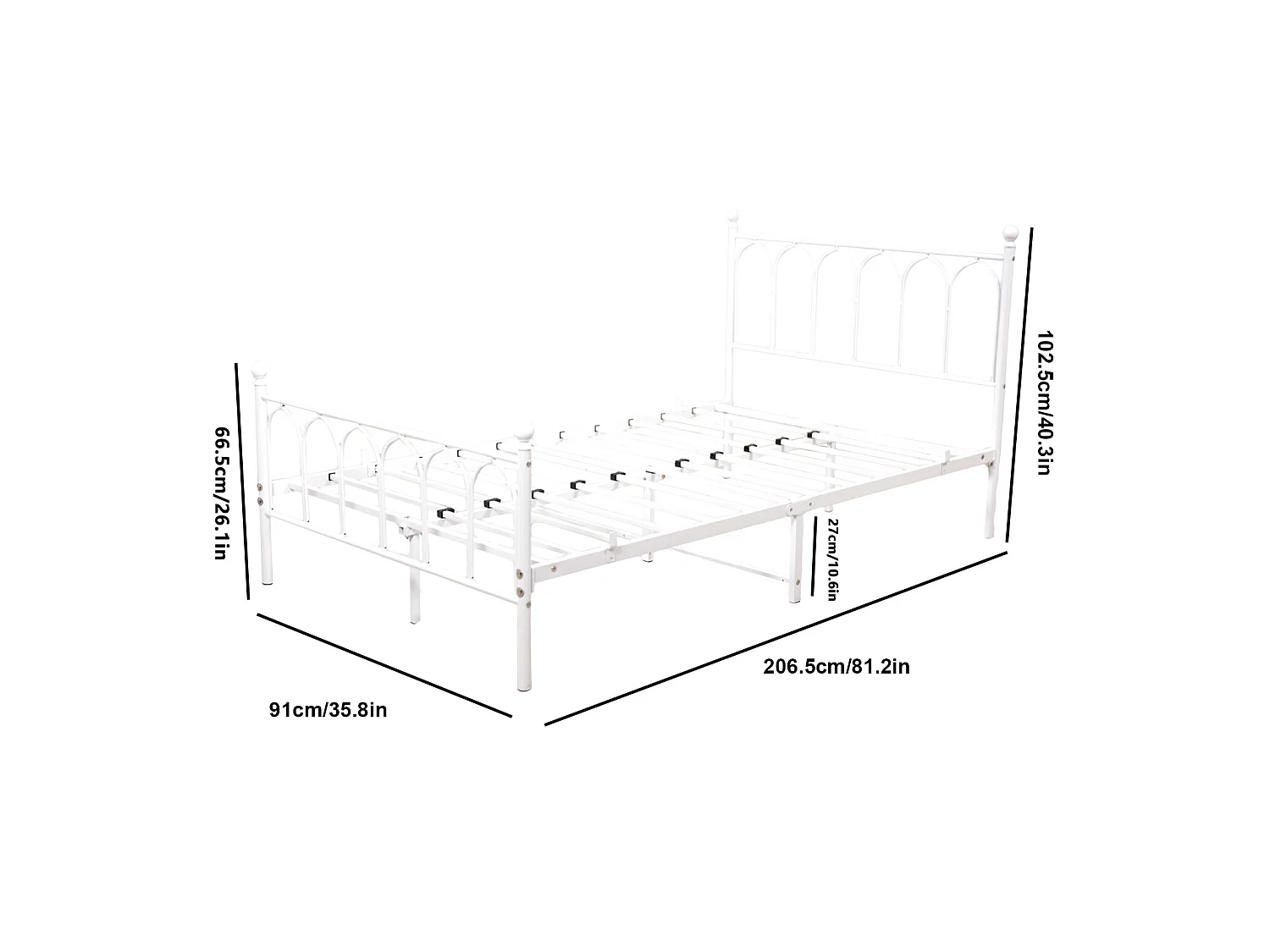 Lit simple pour enfant 90x200 cm, sommier à lattes, structure métal blanc, sans matelas