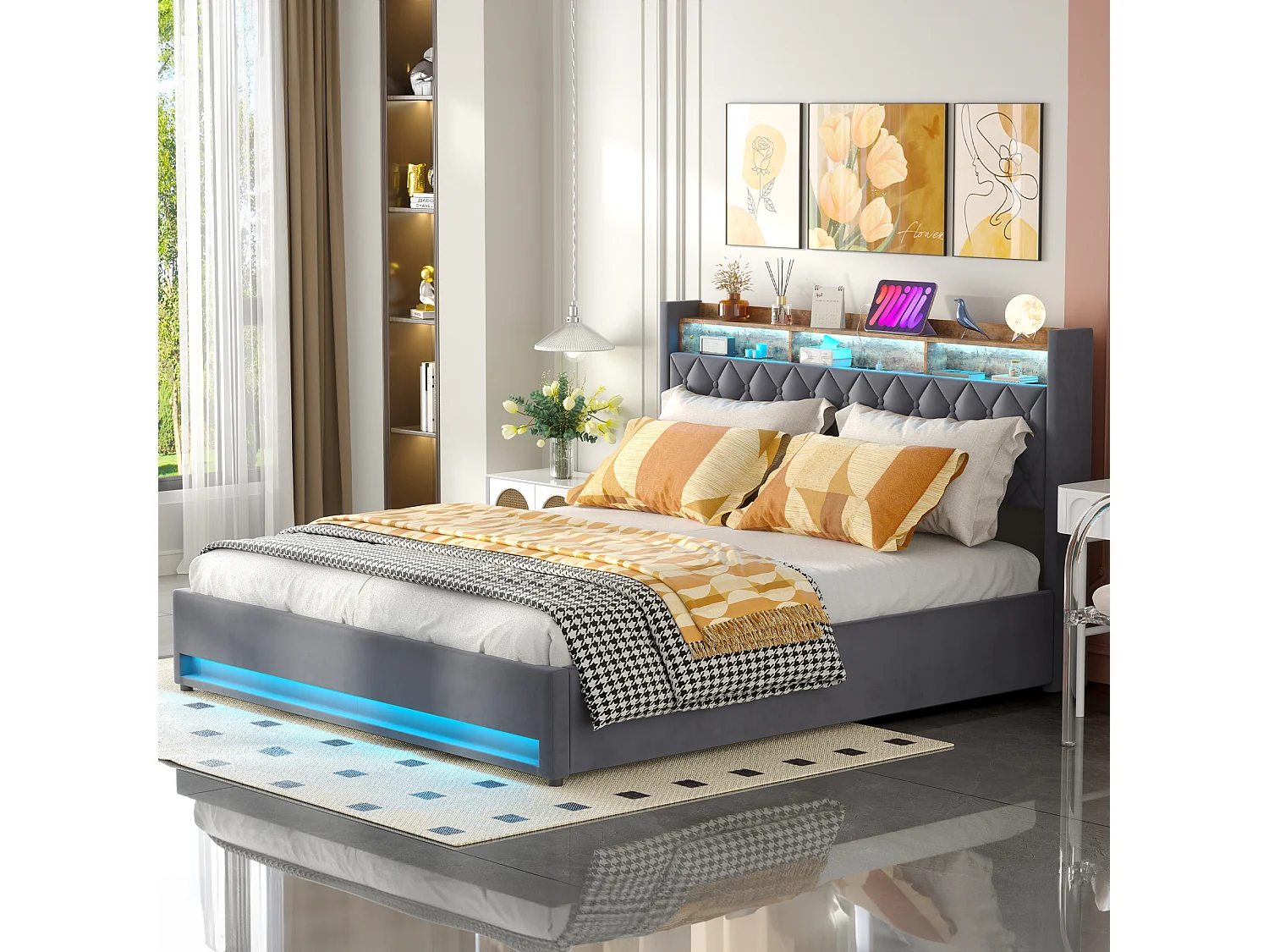 Stauraumbett 180x200 cm aus dunkelgrauem Samt mit LED, USB, Kopfteil mit Stauraum, Lattenrost inklusive, ohne Matratze