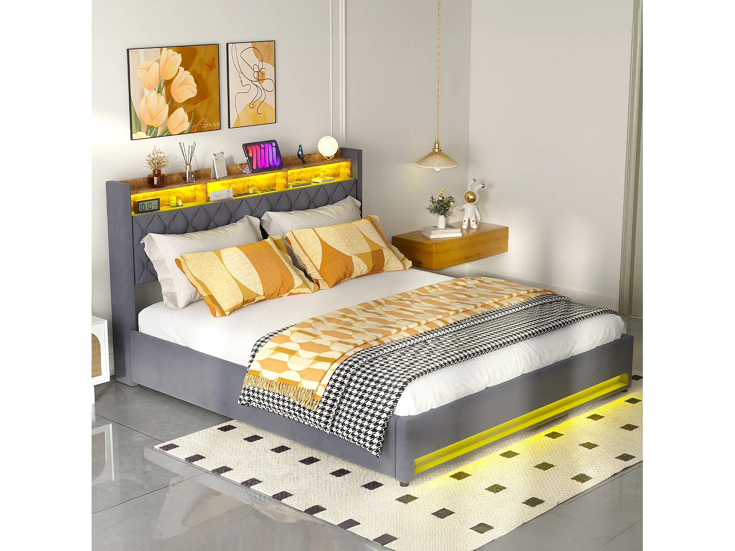 Stauraumbett 180x200 cm aus dunkelgrauem Samt mit LED, USB, Kopfteil mit Stauraum, Lattenrost inklusive, ohne Matratze
