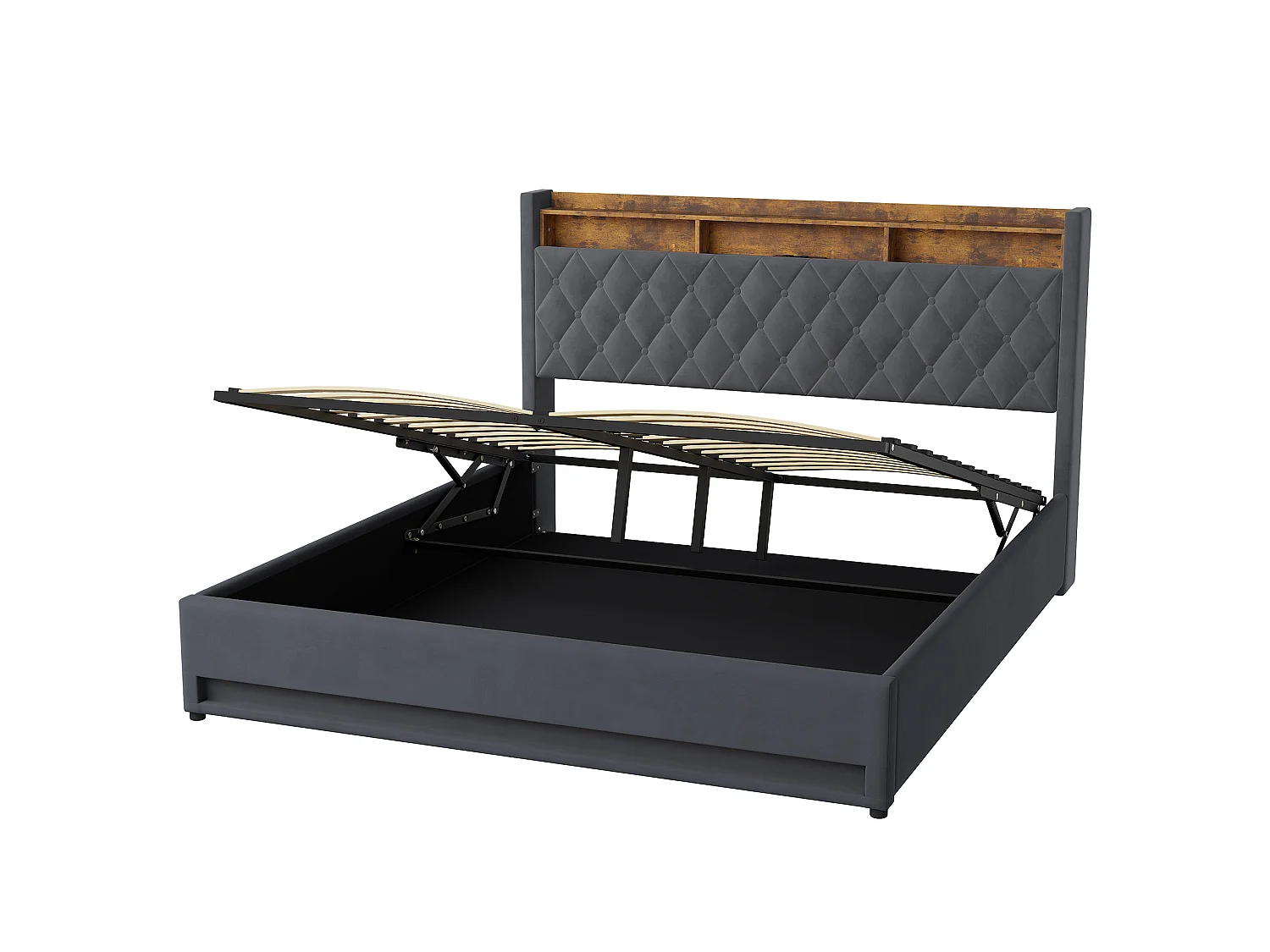 Stauraumbett 180x200 cm aus dunkelgrauem Samt mit LED, USB, Kopfteil mit Stauraum, Lattenrost inklusive, ohne Matratze