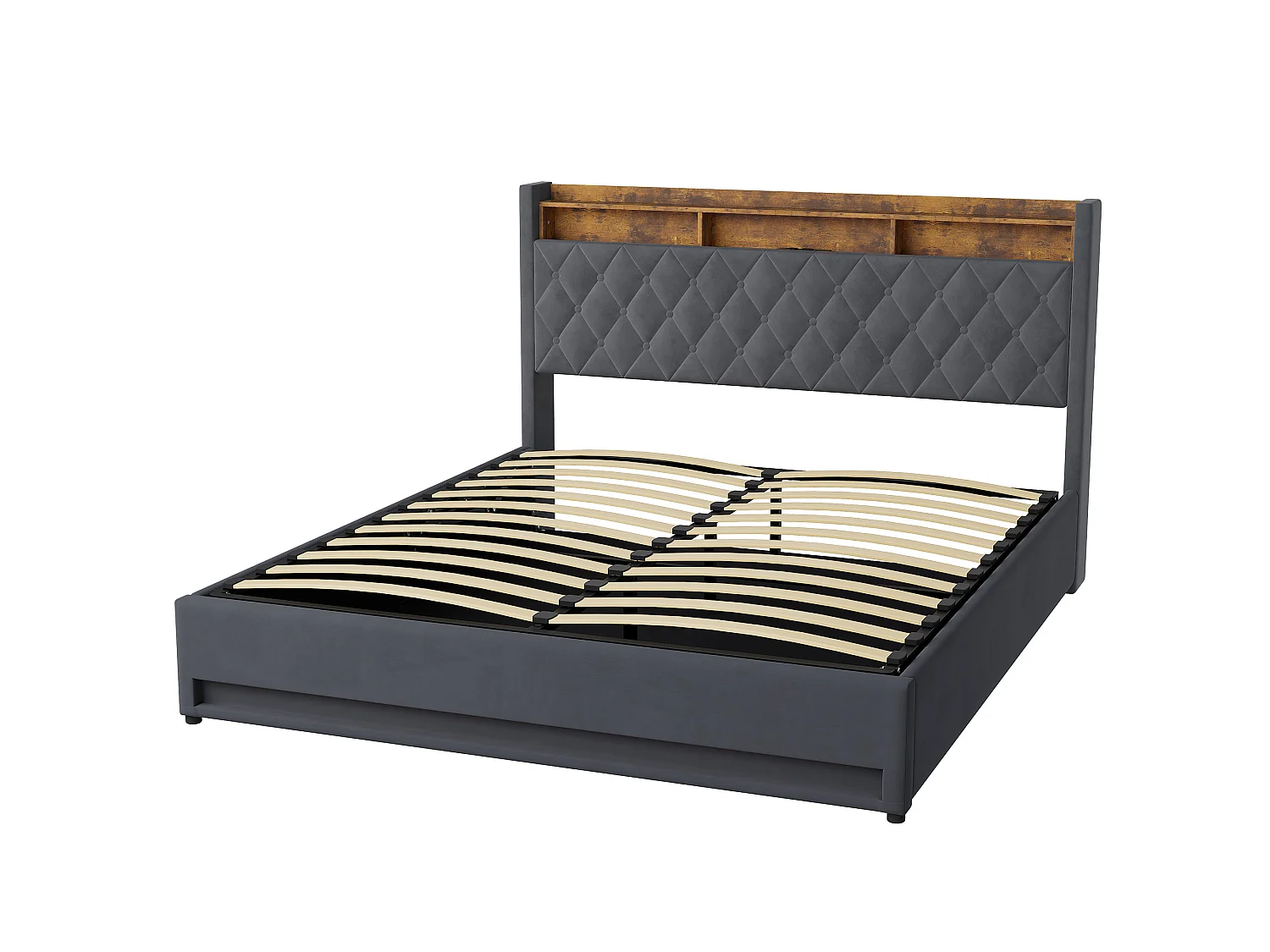 Stauraumbett 180x200 cm aus dunkelgrauem Samt mit LED, USB, Kopfteil mit Stauraum, Lattenrost inklusive, ohne Matratze