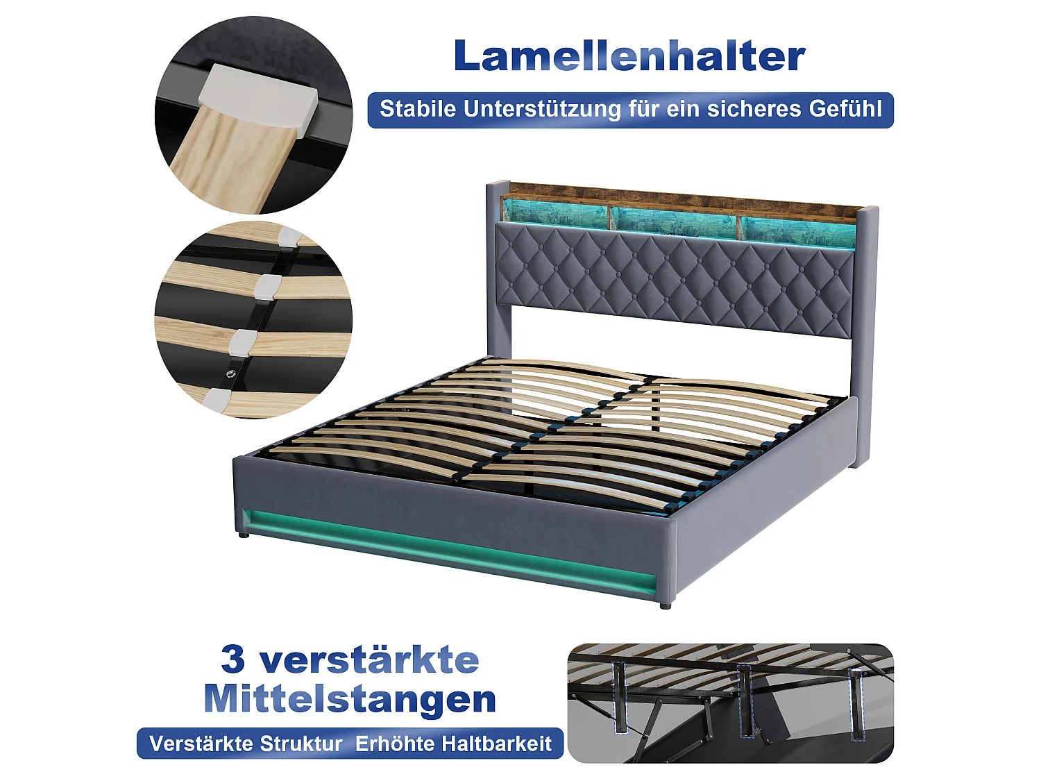 Stauraumbett 180x200 cm aus dunkelgrauem Samt mit LED, USB, Kopfteil mit Stauraum, Lattenrost inklusive, ohne Matratze