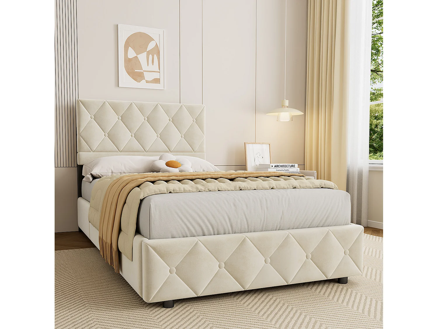 Lit coffre 90x190 cm en velours beige avec tête de lit capitonnée, sommier à lattes en bois et cadre en métal, sans matelas