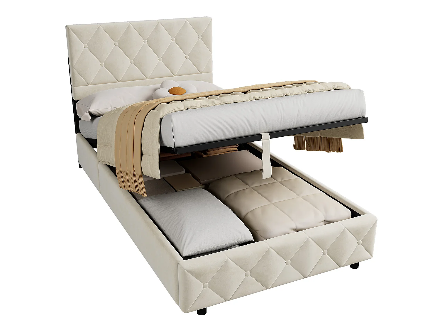 Lit coffre 90x190 cm en velours beige avec tête de lit capitonnée, sommier à lattes en bois et cadre en métal, sans matelas