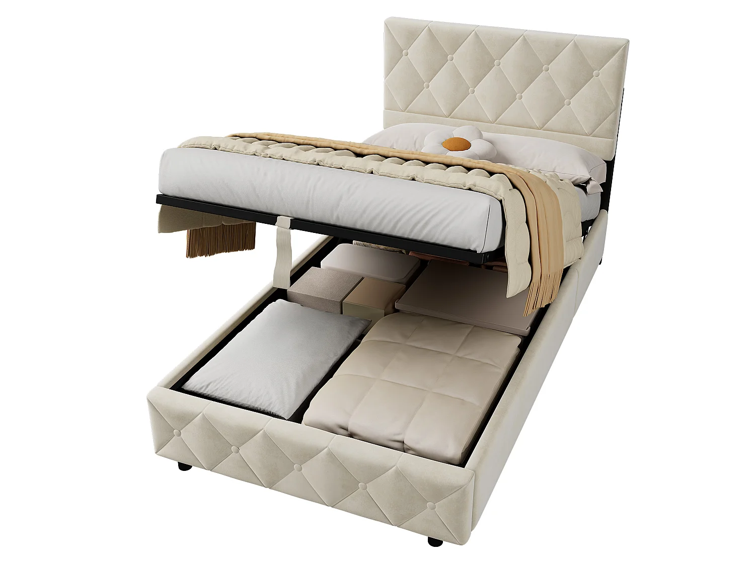 Lit coffre 90x190 cm en velours beige avec tête de lit capitonnée, sommier à lattes en bois et cadre en métal, sans matelas