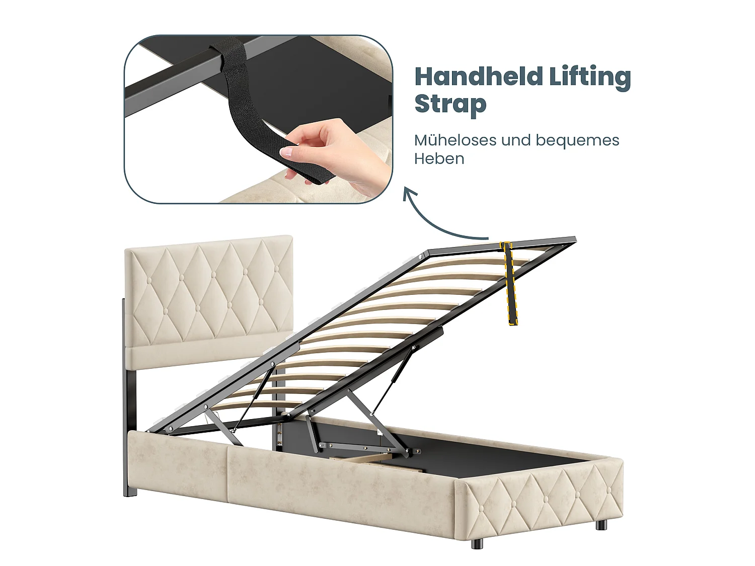 Lit coffre 90x190 cm en velours beige avec tête de lit capitonnée, sommier à lattes en bois et cadre en métal, sans matelas