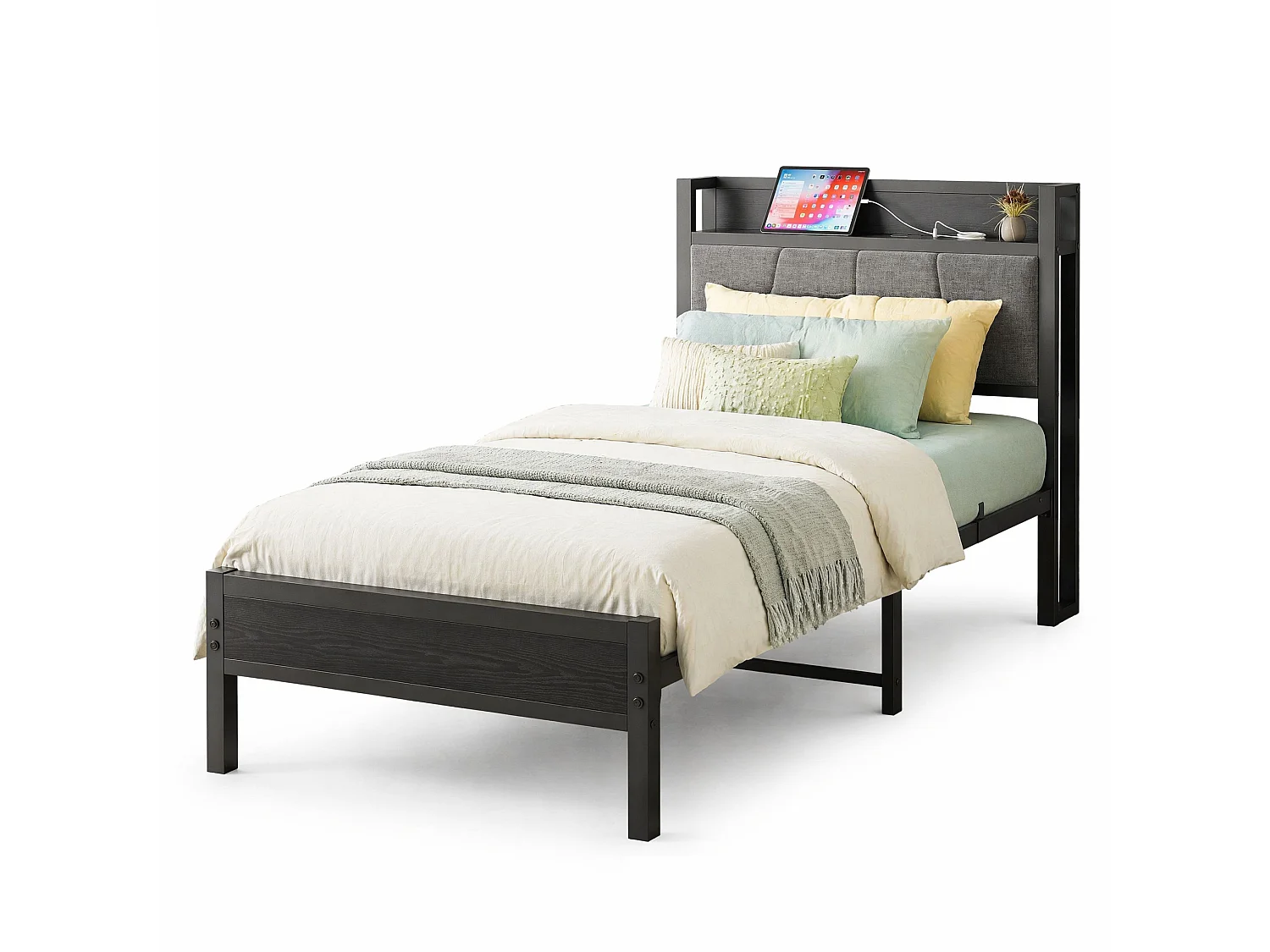 Lit simple pour enfant 90x200 cm, tête de lit, métal et MDF noir, sans matelas
