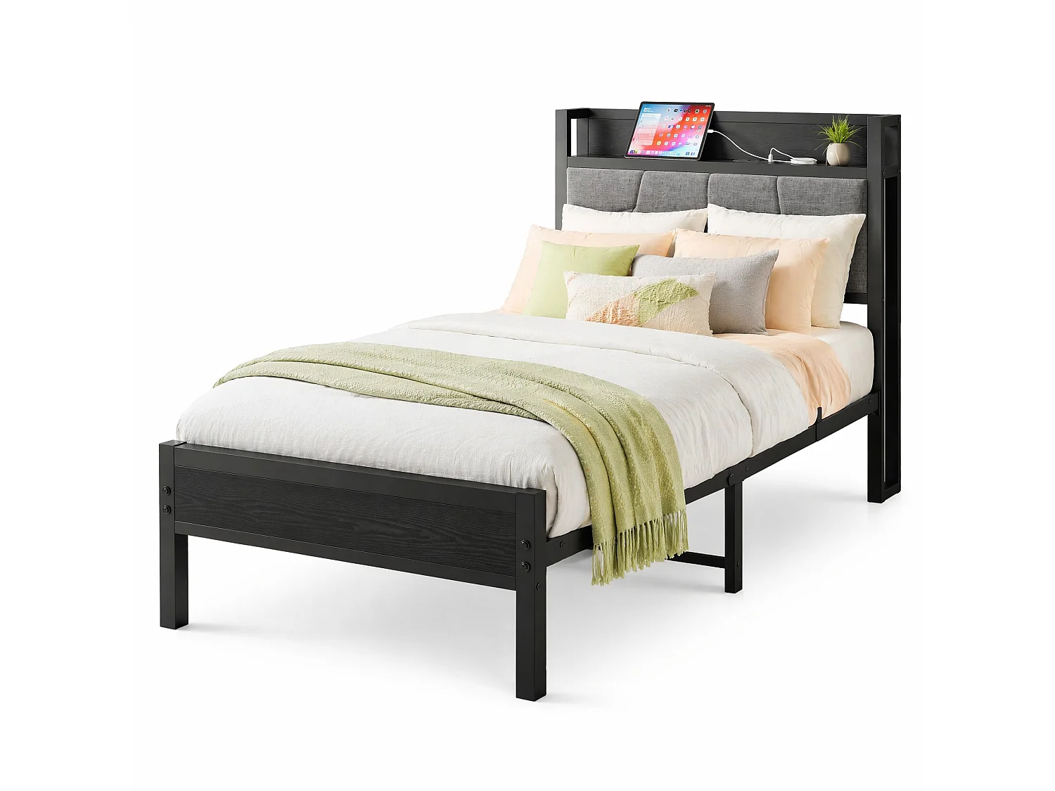 Lit simple pour enfant 90x200 cm, tête de lit, métal et MDF noir, sans matelas