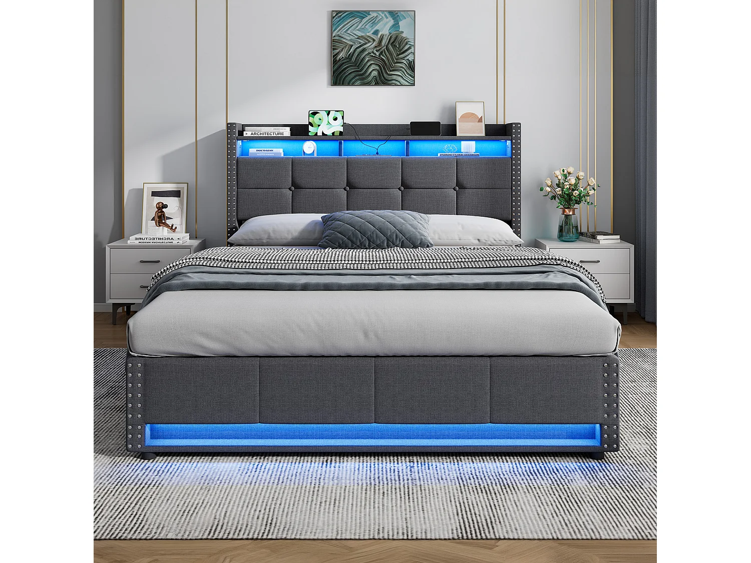 Cama baúl 140x200 cm en lino gris con iluminación LED, almacenamiento hidráulico, somier elevable, sin colchón