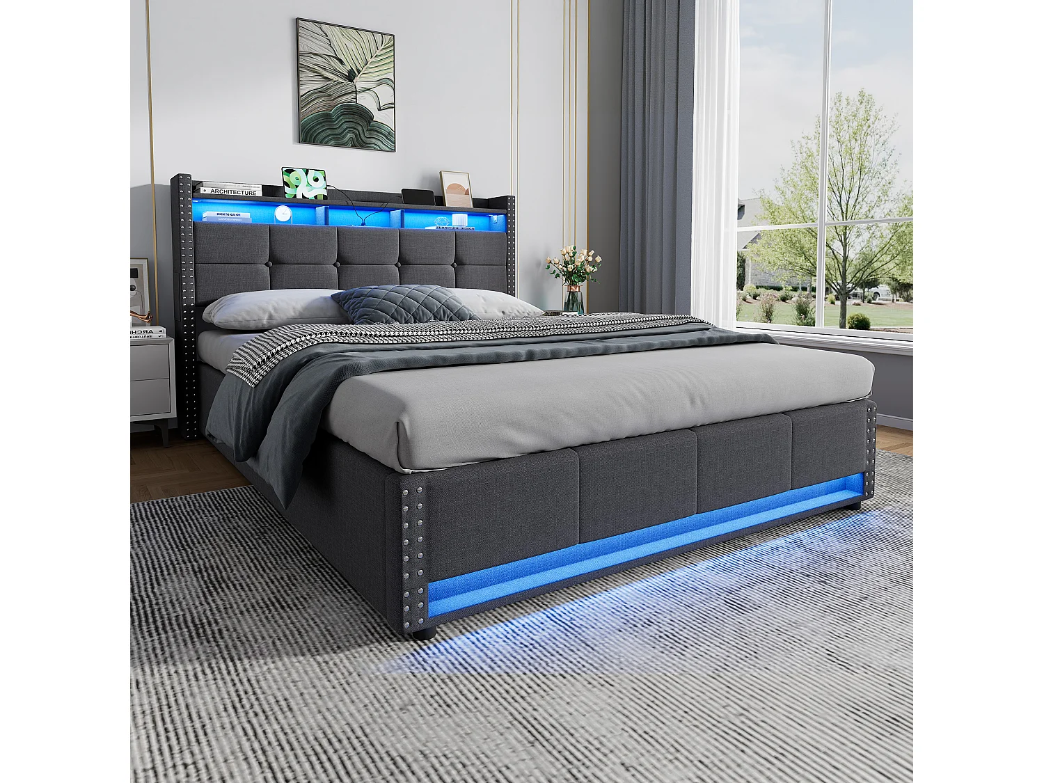 Cama baúl 140x200 cm en lino gris con iluminación LED, almacenamiento hidráulico, somier elevable, sin colchón