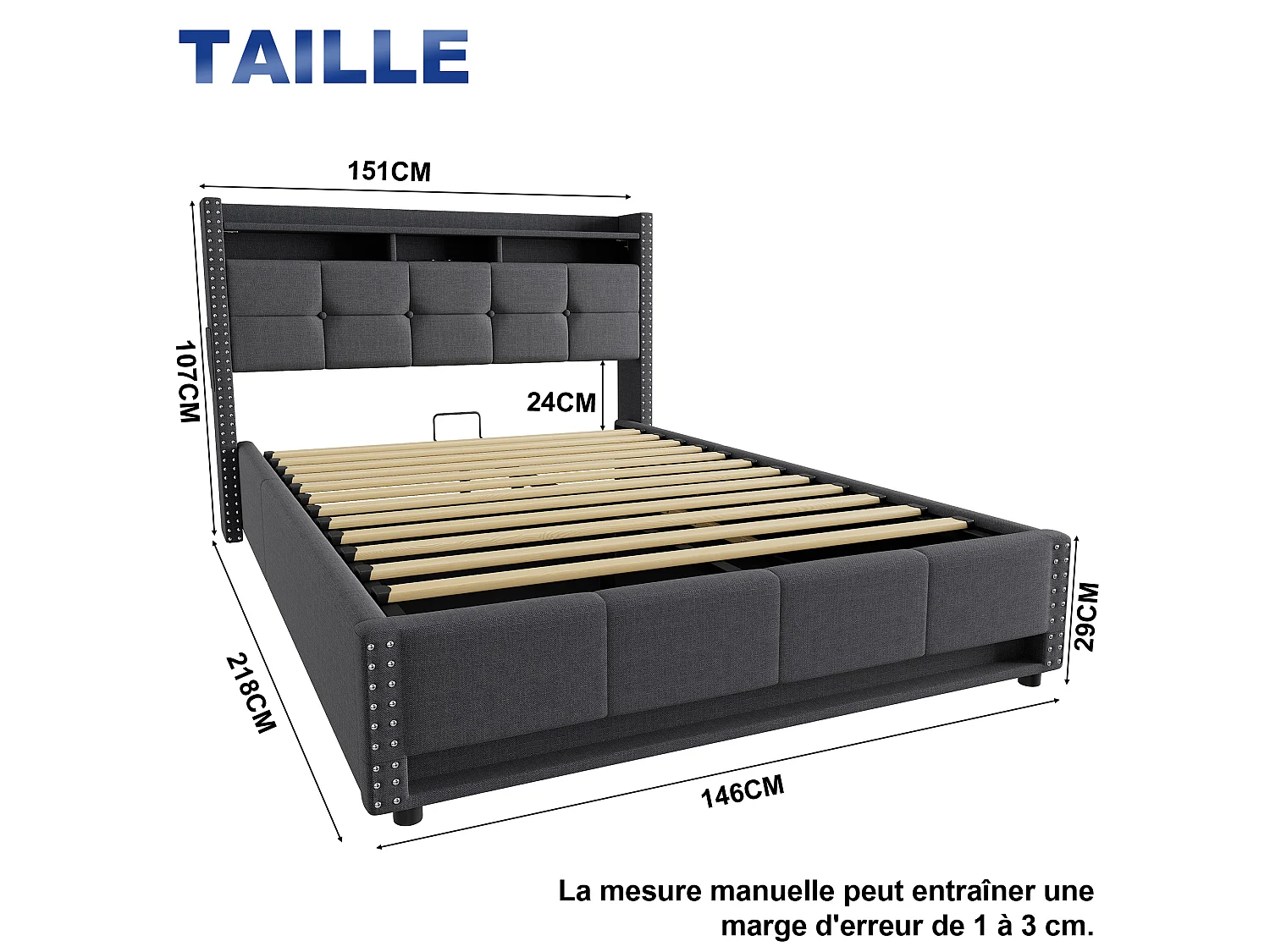 Cama baúl 140x200 cm en lino gris con iluminación LED, almacenamiento hidráulico, somier elevable, sin colchón