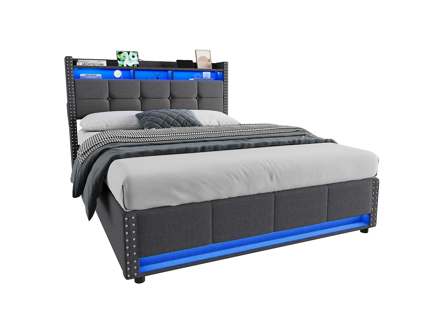 Cama baúl 140x200 cm en lino gris con iluminación LED, almacenamiento hidráulico, somier elevable, sin colchón