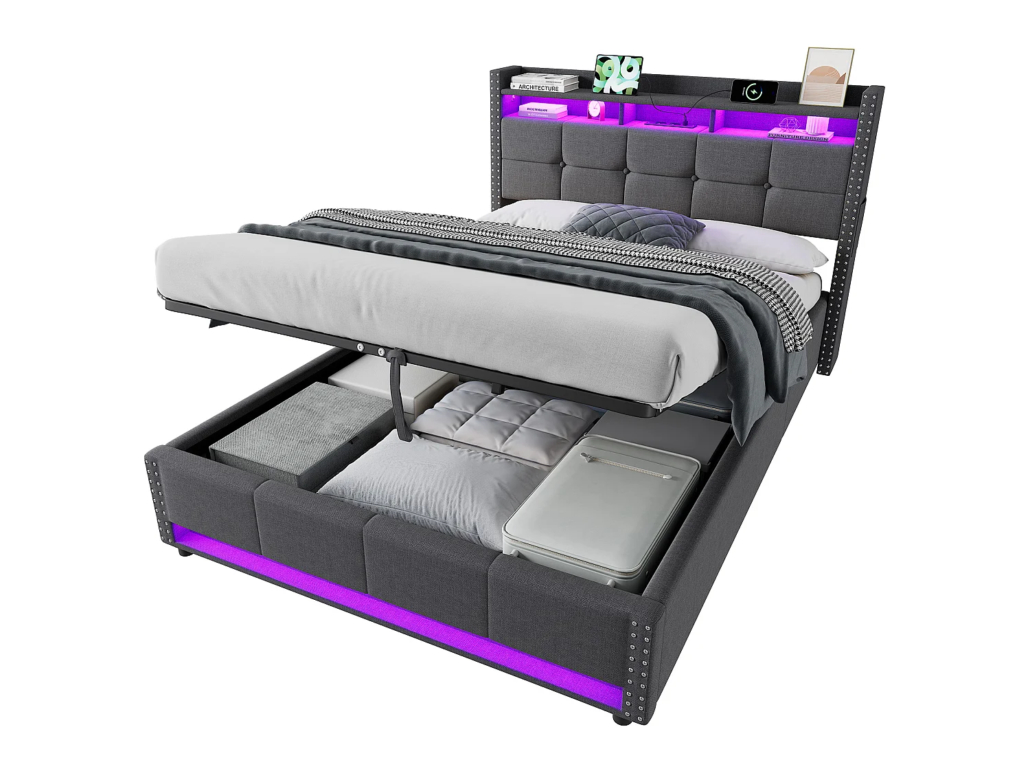 Cama baúl 140x200 cm en lino gris con iluminación LED, almacenamiento hidráulico, somier elevable, sin colchón