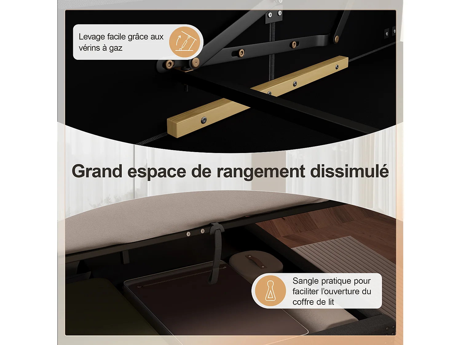 Cama baúl 140x200 cm en lino gris con iluminación LED, almacenamiento hidráulico, somier elevable, sin colchón